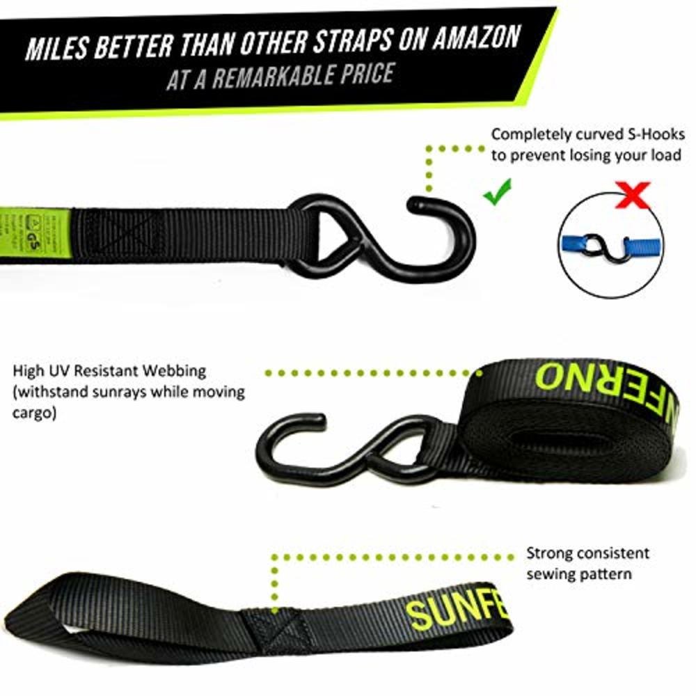 Sunferno Ratchet Straps Tie Down 2500Lbs Break Strength, 15 Foot - Heavy Duty Straps to Safely Move your Motorcycle and Cargo on