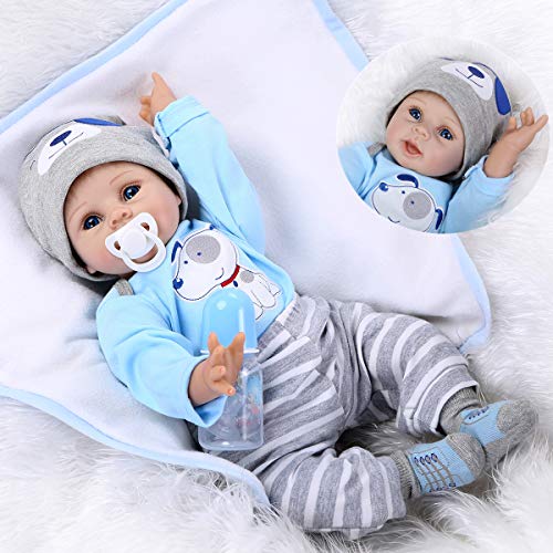 Pedolltree NPKDOLLS Reborn Baby Doll Soft Silicone Vinyl Baby Boy 22inch  55cm Mouth Cute boy Wearing Toy Blue Dog Cute Doll Gift Set for Ag