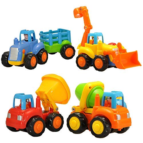 Liberty Imports Set of 4 Cartoon Friction Powered Push & Play Vehicles for  Toddlers - Dump Truck, Cement Mixer, Bulldozer, Tractor
