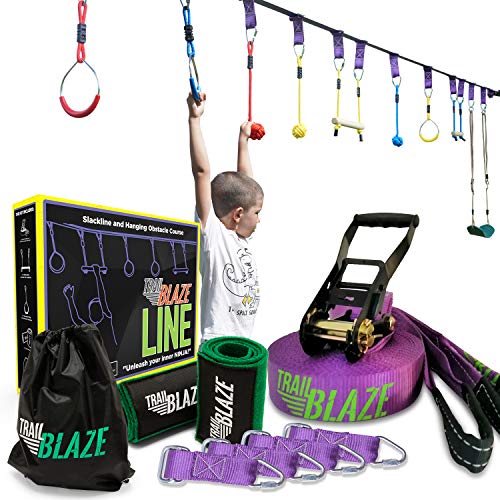 Trailblaze - Ninja Warrior Hanging Obstacle Course for Kids, 50 Feet Ninja Slackline Set with Tree Protectors, Gym Rings, Monkey