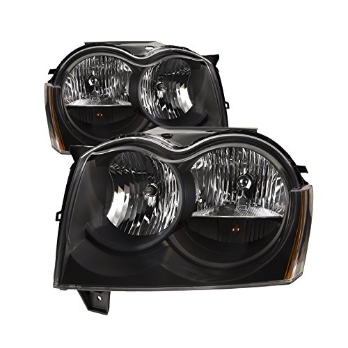 PERDE Black Housing Halogen Headlights Compatible with Jeep Grand Cherokee 2005-2007 Includes Left Driver and Right Passenger Si