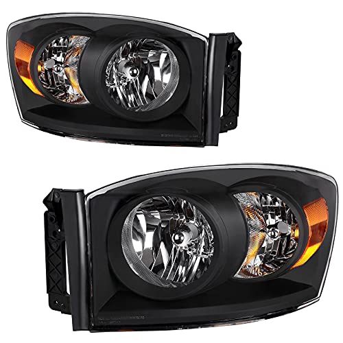 AUTOSAVER88 Headlight Assembly Compatible with 2007-2008 Dodge Ram 1500 2500 3500 Pickup Replacement Headlamp Driving Light Blac