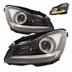 HEADLIGHTSDEPOT Black Housing Halogen DRL Headlights Projector w/LED Bar Compatible with Mercedes-Benz C250 C300 C350 C63 AMG In