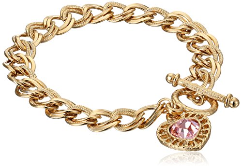 1928 Jewelry "Hearts" 14k Gold-Dipped Toggle Charm Bracelet with Pink Swarovski Crystals