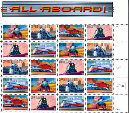 USPS All Aboard Railroad Collectible Stamp Sheet of 20  33 Cent Stamps Scott 3337a