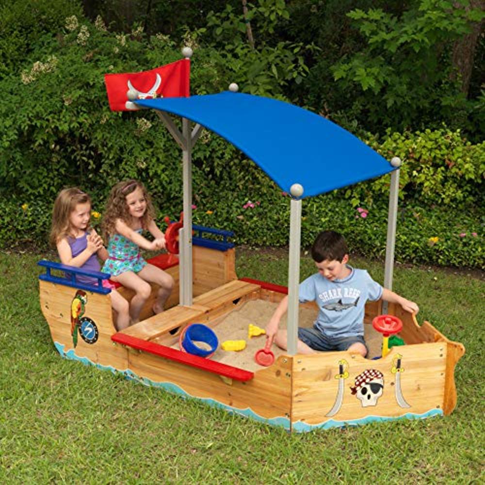 KidKraft Wooden Pirate Sandbox with Canopy, Covered Childrens Sandbox, Outdoor Furniture - Blue & Red, Gift for Ages 3-8