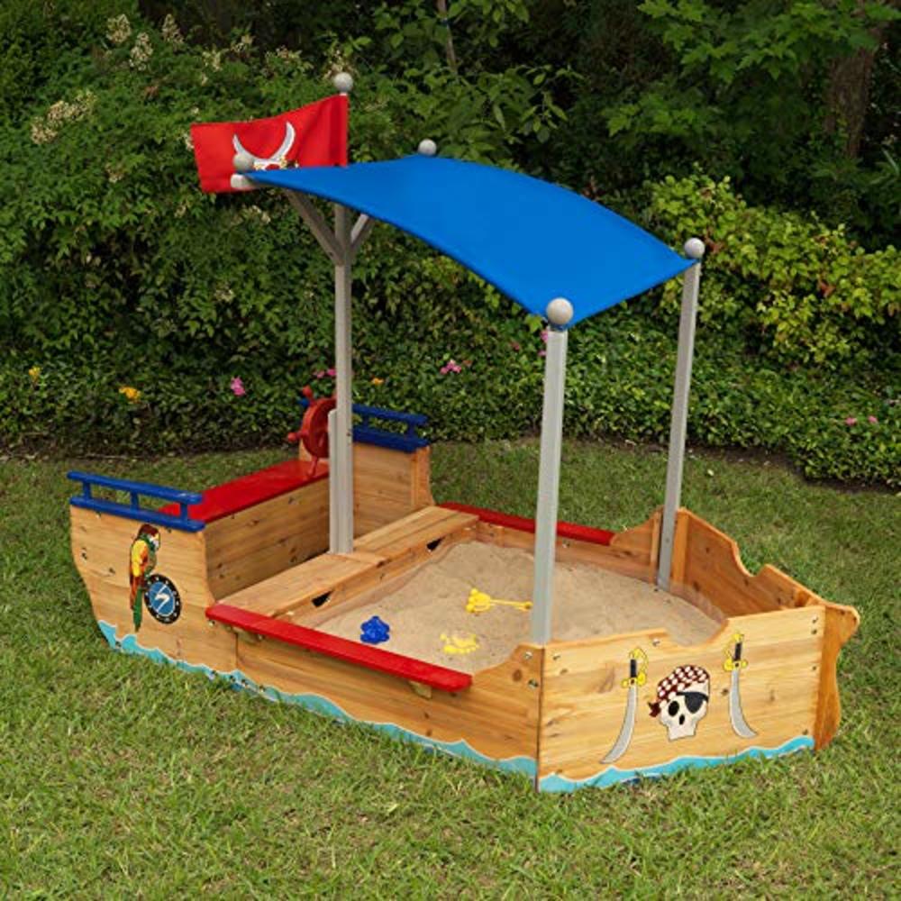 KidKraft Wooden Pirate Sandbox with Canopy, Covered Childrens Sandbox, Outdoor Furniture - Blue & Red, Gift for Ages 3-8