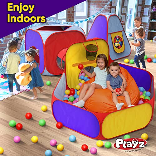 Playz 5pc Kids Playhouse Jungle Gym Ball Pit with Dart Board & 5 Sticky Balls - Fold Up Pop Up Tents, Tunnels & Basketball Pit P
