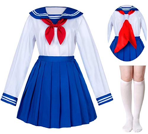 Elibelle Japanese School Girls Sailor JK Uniform Bule Pleated Skirt Anime  Cosplay Costumes with Socks Set(SSF31) 2XL
