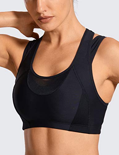SYROKAN Womens Workout Sports Bra High Impact Support Bounce Control  Wirefree Mesh Racerback Top Black Large