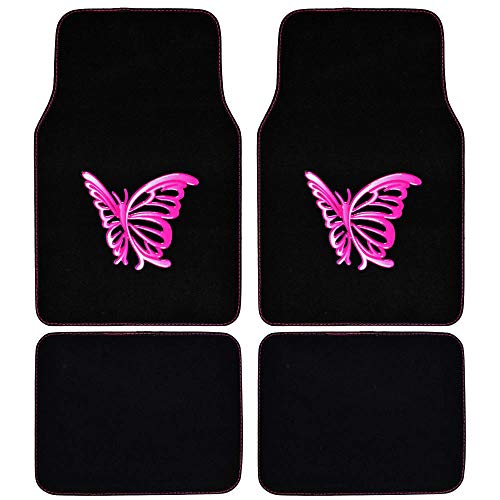BDK Pink Butterfly Design Carpet Car Floor Mats for Auto Van Truck SUV-4 Pieces Front & Rear Full Set with Rubber Backing-Univer