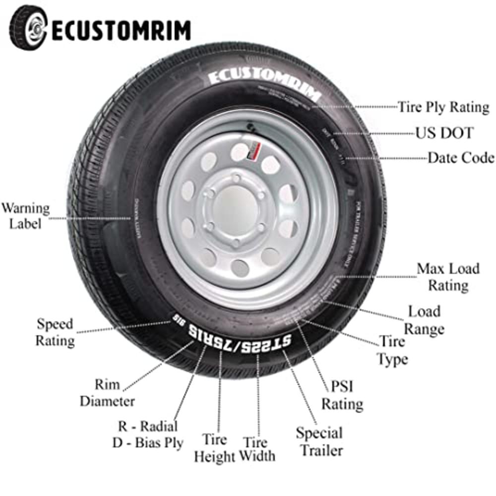 eCustomRim Radial Trailer Tire On Rim ST205/75R14 205/75-14 14 5 Lug Wheel Silver Modular