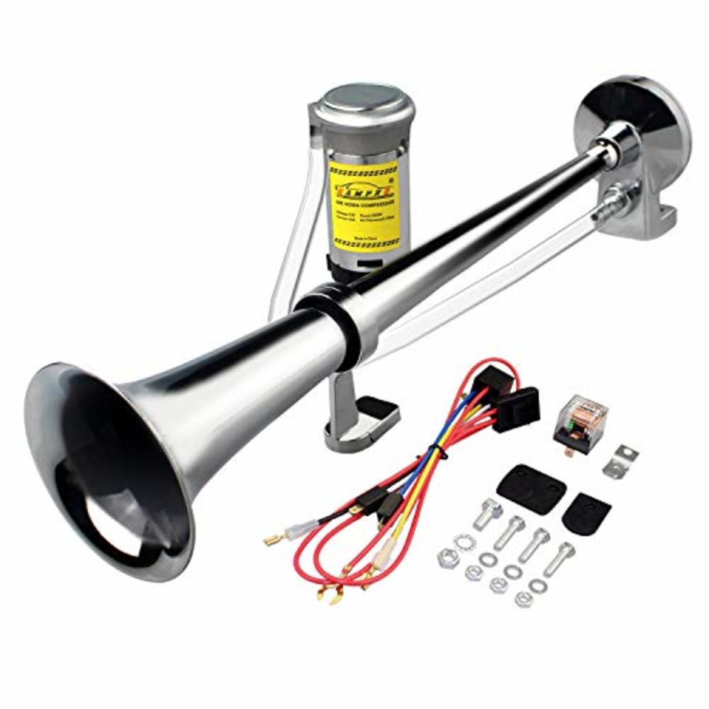 GAMPRO 12V 150db Air Horn, 18 Inches Chrome Zinc Single Trumpet Truck Air Horn with Compressor for Any 12V Vehicles Trucks Lorry
