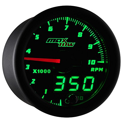 MAXXHAUL MaxTow Double Vision 10,000 RPM Tachometer Gauge - for 1-10 Cylinder Gas Powered Engines - Black Gauge Face - Green LED Illumina