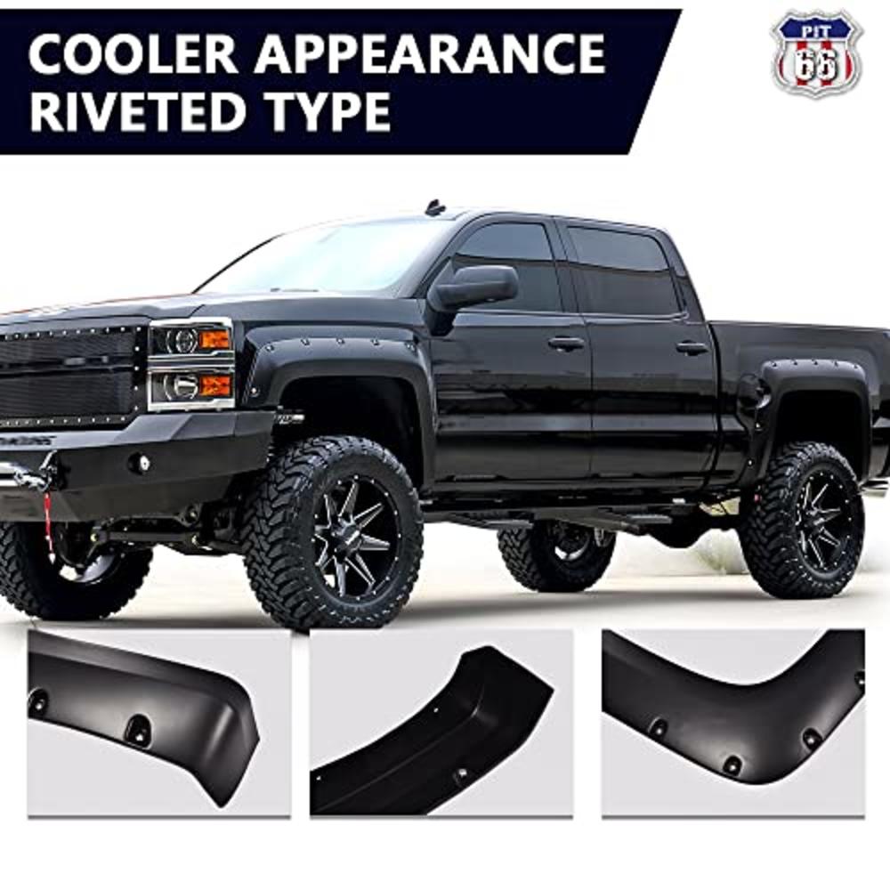 PIT66 Fender Flares, Compatible With Chevy Silverado 1500 2007-2013, Paintable Smooth Matte Black Pocket Riveted Style Wheel Fla