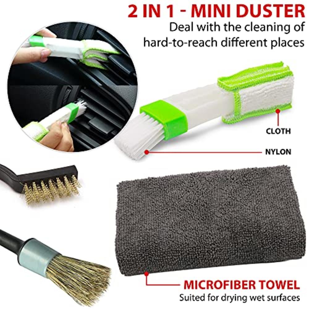 TAKAVU Master Detailing Brush Set – 5pcs Different Size Natural Boar Hair Brush, 3pcs Wire Brush, Air Conditioner Brush & Microfiber To