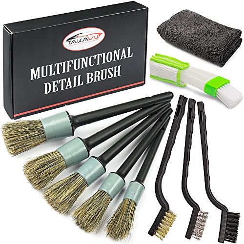 TAKAVU Master Detailing Brush Set – 5pcs Different Size Natural Boar Hair Brush, 3pcs Wire Brush, Air Conditioner Brush & Microfiber To