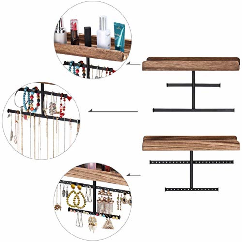 Keebofly Hanging Wall Mounted Jewelry Organizer with Rustic Wood Jewelry Holder Display for Necklaces Bracelet Earrings Ring Set