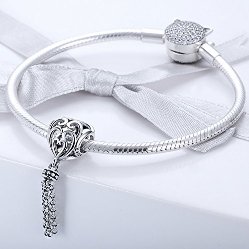 BEAUTY DANGLE Beauty Hollow Out Heart Charm 925 Sterling Silver Tassel Dangle Bead for Bracelet or Necklace