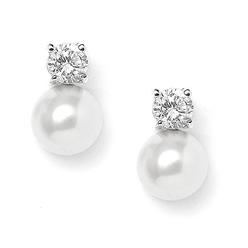 Mariell 9mm White Glass Pearl Bridal or Bridesmaid Stud Earrings with CZ Top, Wedding Jewelry for Brides
