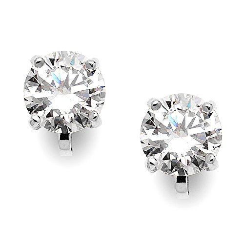 Mariell Cubic Zirconia Crystal Wedding Clip On Stud Earrings for Women, 2 Carat 8mm CZ, Platinum Plated