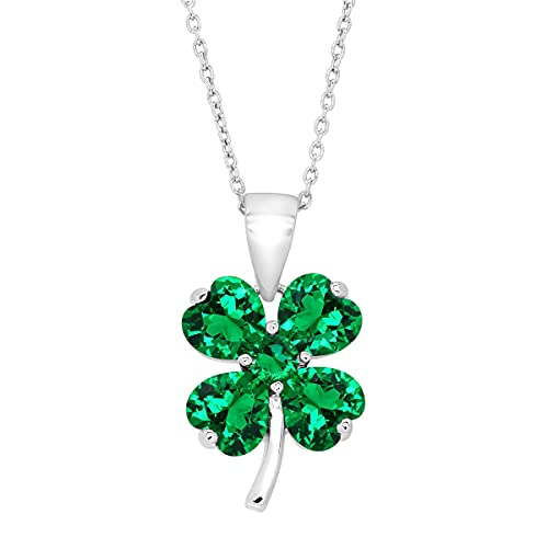 Finecraft Shamrock Clover Pendant Necklace with Green Cubic Zirconia in Sterling Silver, 18"