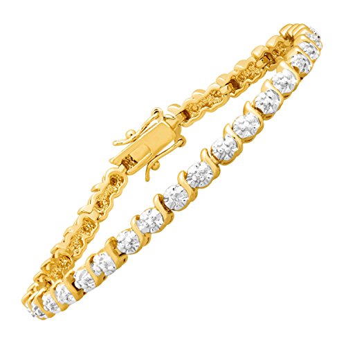 Finecraft Tennis Bracelet with Diamonds in 14K Gold-Plated Brass, 7.5"