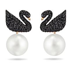 Swarovski Iconic Swan Pierced Earrings for Women, Swan Motif with Unique Earring Jackets, with Sparkling Black Crystals on a Ros