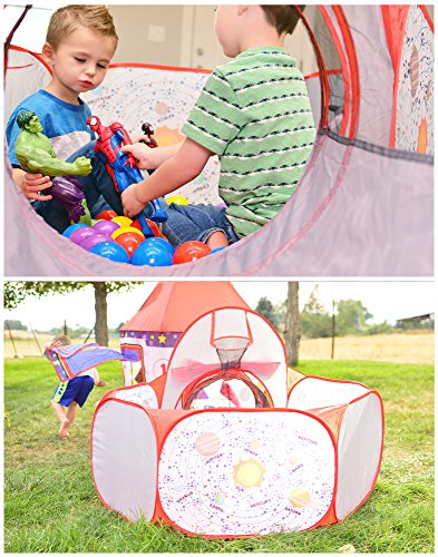 Playz 3pc Rocket Ship Astronaut Kids Play Tent, Tunnel, & Ball Pit with Basketball Hoop Toys for Boys, Girls, Babies, and Toddle