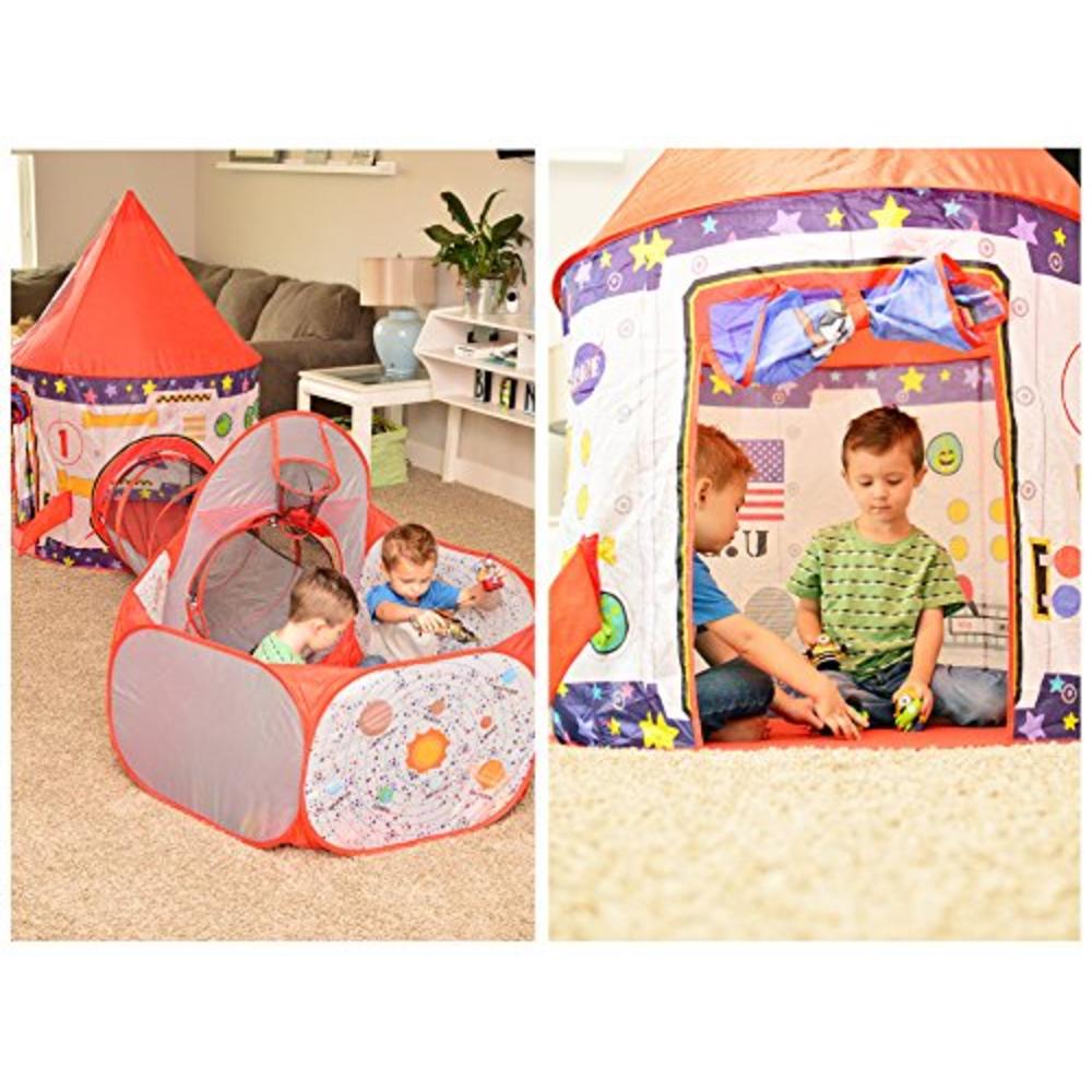 Playz 3pc Rocket Ship Astronaut Kids Play Tent, Tunnel, & Ball Pit with Basketball Hoop Toys for Boys, Girls, Babies, and Toddle