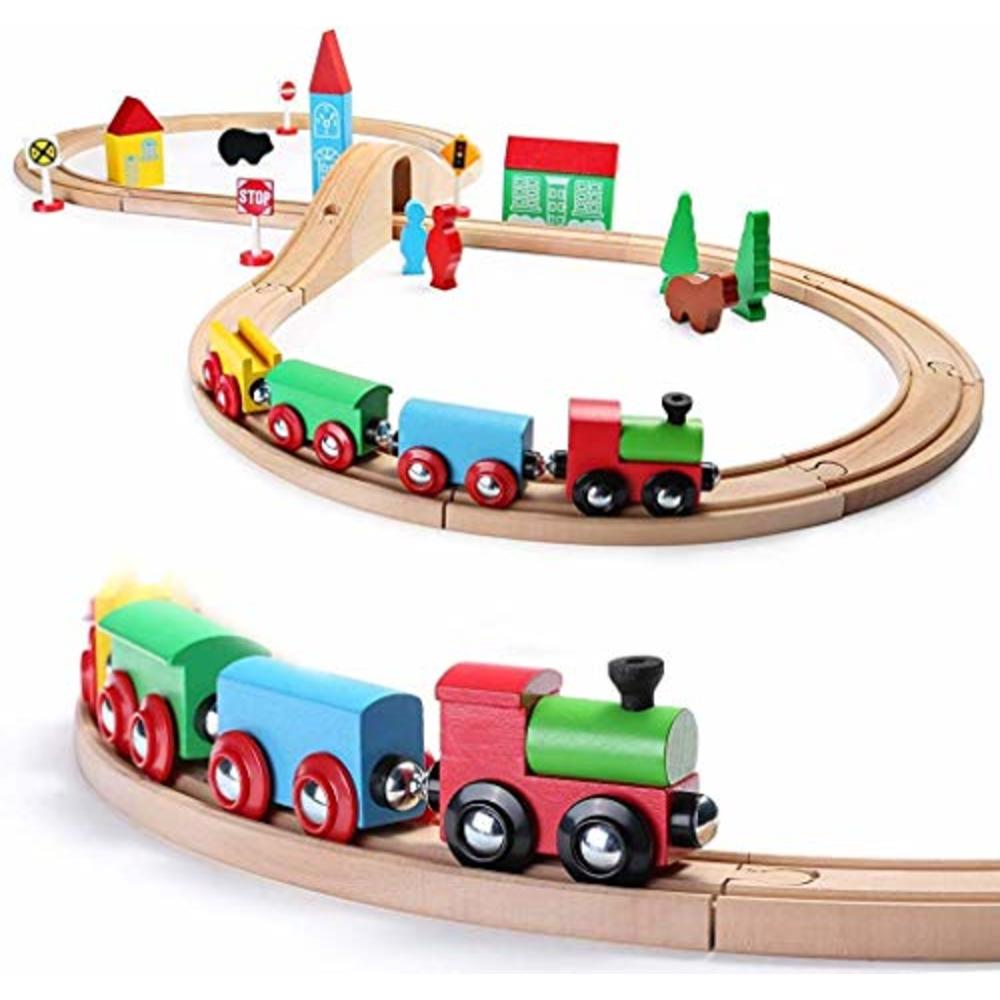 SainSmart Jr. Wooden Train Set for Toddler with Double-Side Train Tracks Fits Brio, Thomas, Melissa and Doug, Kids Wood Toy Trai