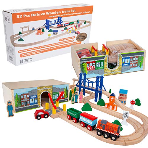 Orbrium Toys 52 Pcs Deluxe Wooden Train Set with 3 Destinations Fits Thomas, Brio, Chuggington, Melissa and Doug, Imaginarium Wo