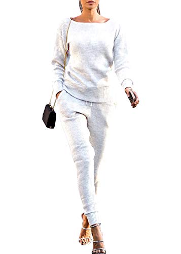 VNVNE Womens Fall Rib-Knit Pullover Sweater Top & Long Pants Set 2 Piece  Outfits Tracksuit (White, M)