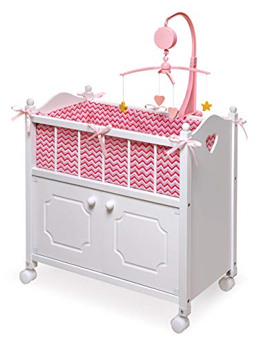 Badger Basket Cabinet Doll Crib with Chevron Bedding, Musical Mobile, Wheels, and Free Personalization Kit (fits American