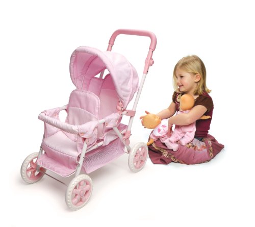 Badger Basket Folding Double Front-to-Back Doll Stroller (fits American Girl Dolls), Pink/White