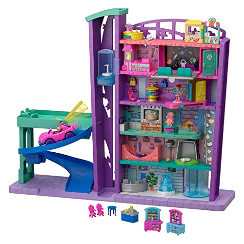 polly pocket playset with 3 micro dolls, 1 toy car, food and shopping accessories, pollyville mega mall toy ( exclusive)