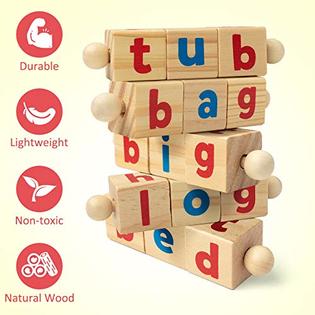 Coogam Wooden Reading Blocks Short Vowel Rods Spelling Games, Flash Cards  Turning Rotating Letter Puzzle for Kids, Sight Words M