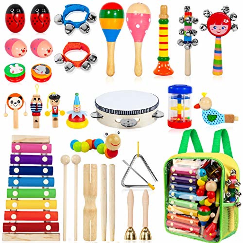 TAIMASI Kids Musical Instruments, 33Pcs 18 Types Wooden Percussion Instruments Tambourine Xylophone Toys for Kids Children, Preschool Ed