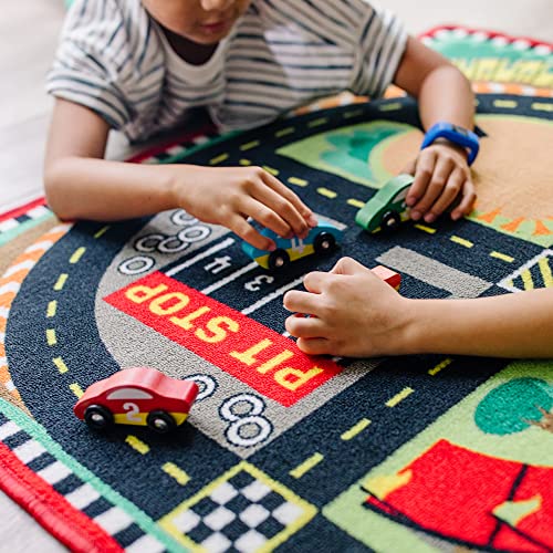 Melissa & Doug Round the Speedway Race Track Rug With 4 Race Cars (39 x 36 inches) , Black