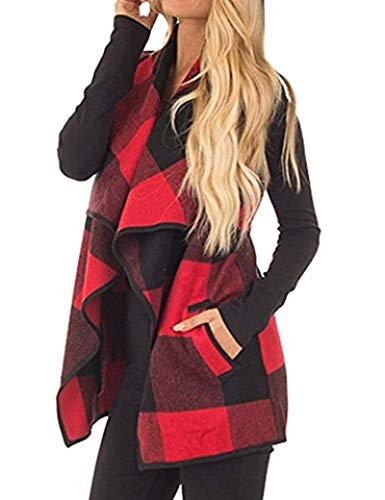 Unidear Womens Casual Color Block Lapel Open Front Plaid Vest Cardigan with  Pockets Red 2XL