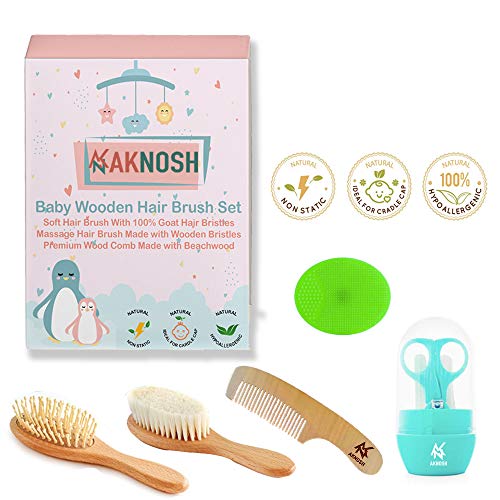 AKNOSH Baby Wooden Hair Brush Comb Set-Natural Goat Hair Brush for Cradle  Cap-Wooden Bristles
