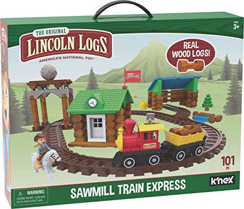 LINCOLN LOGS-Sawmill Express Train - 101 Parts - Real Wood Logs - Buildable Train Track-Ages 3+ - Best Retro Building Gift Set f