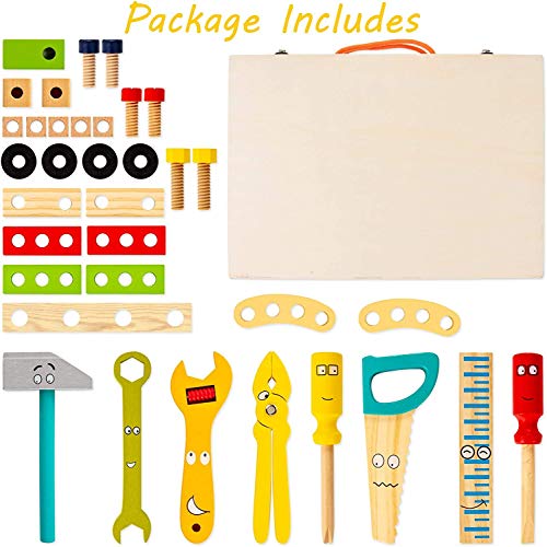 KIDWILL Tool Kit for Kids, 36 pcs Wooden Toddler Tools Set Includes Tool Box, Montessori Educational Stem Construction Toys