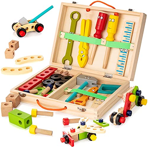 KIDWILL Tool Kit for Kids, 36 pcs Wooden Toddler Tools Set Includes Tool Box, Montessori Educational Stem Construction Toys