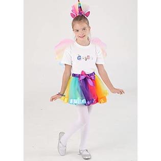 Cocojeci Little Girls Layered Rainbow Tutu Skirts with Wings Unicorn  Headband and Bracelets (Rainbow+Wing, L)
