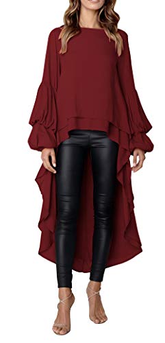 PRETTYGARDEN Womens Lantern Long Sleeve Round Neck High Low Asymmetrical Irregular Hem Casual Tops Blouse Shirt Dress (Wine Red,