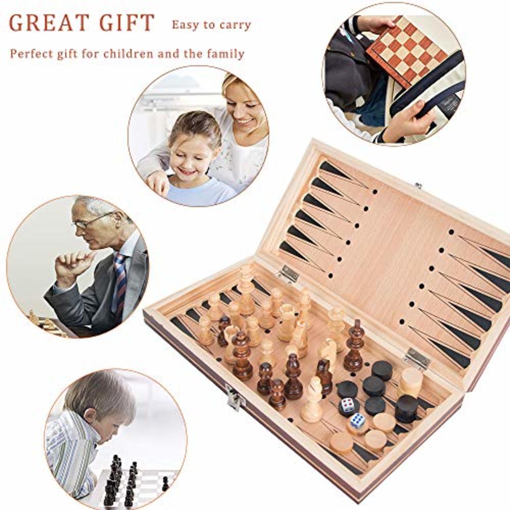Luoyer 3-in-1 Chess Backgammon Checkers Set 11 inch Wooden Chess Checkers Board Game with Folding Carrying Case Travel Chess Set