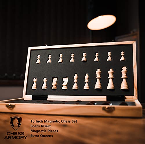 Chess Armory Magnetic Chess Set 15 inch x 15 inch - Inlaid Walnut Wooden Chess Set with Folding Chess Board, Staunton Chess Piec