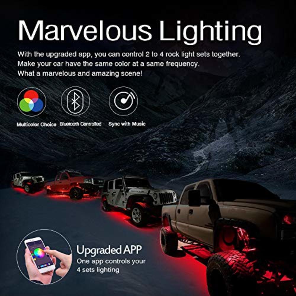 MICTUNING RGB LED Rock Lights with Upgraded APP Bluetooth Controller, Timing Function, Music Mode - 4 Pods Multicolor Neon LED L