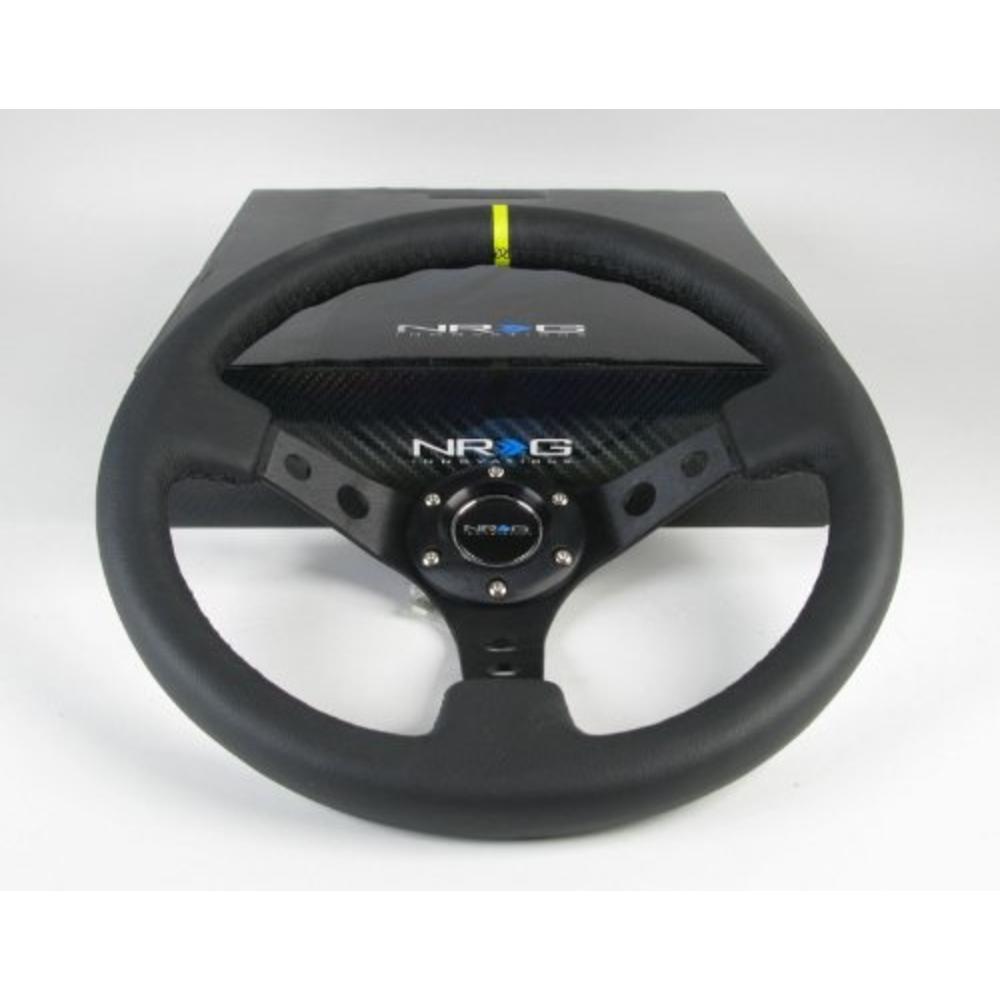NRG Innovations, ST-006BK-Y, 350mm 3 Inches Deep Dish 6 Hole Racing Steering Wheel Black Leather Yellow Pointer with Horn Button